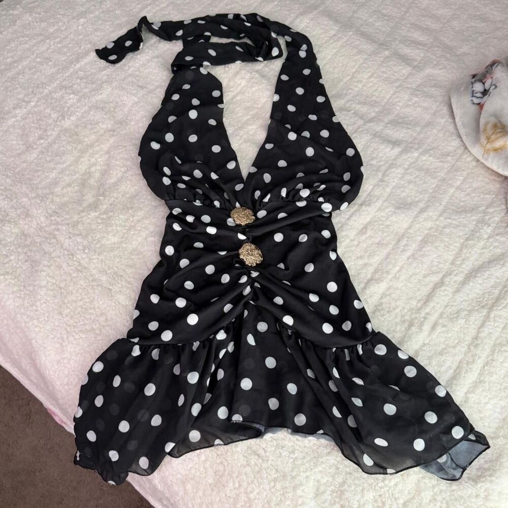 Black & white polka dot mini dress with gold buttons